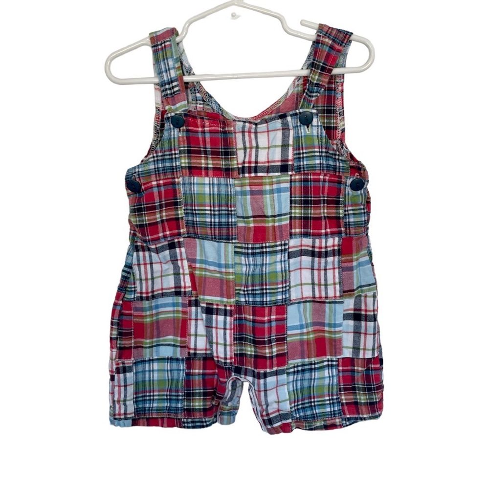 12M Red Plaid Button Shorts Overalls Onesie Outfit Baby Picnic